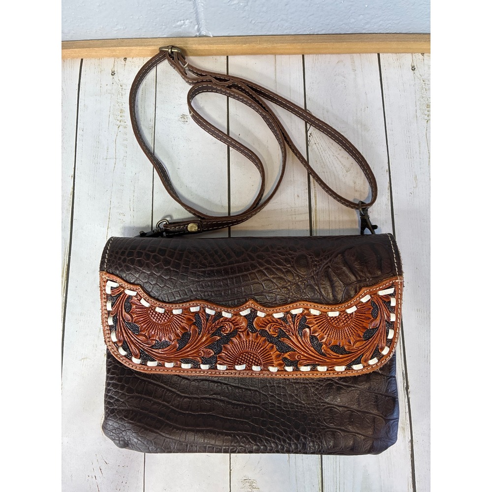 Myra Bag Brown Croco Leather Tooled Floral Crossbody Bag Sunflower Whipstitch